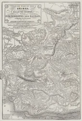 Kriegsschauplatz auf der Krim, Karte des Gebiets zwischen Simferopol und Baidar zur Veranschaulichung der Bewegungen der alliierten und russischen Armeen